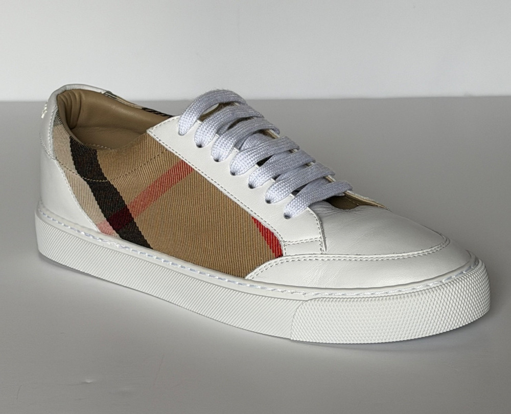 Burberry New Salmond Check Leather Sneakers Optic White 8.5 US 38.5 8024326 NIB